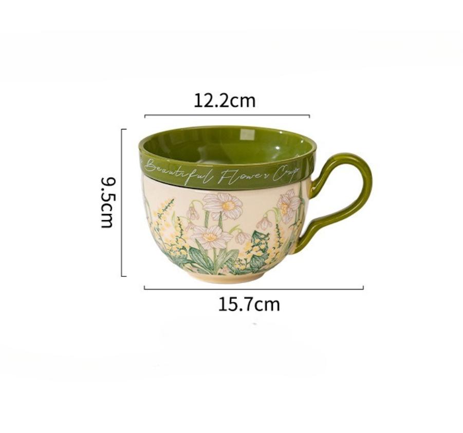 Retro Rural Style Large Capacity Ceramic Breakfast Cup with Crank Flowers Coffee Cup Dish Cups Lid Set Household Milk Mug Gift
