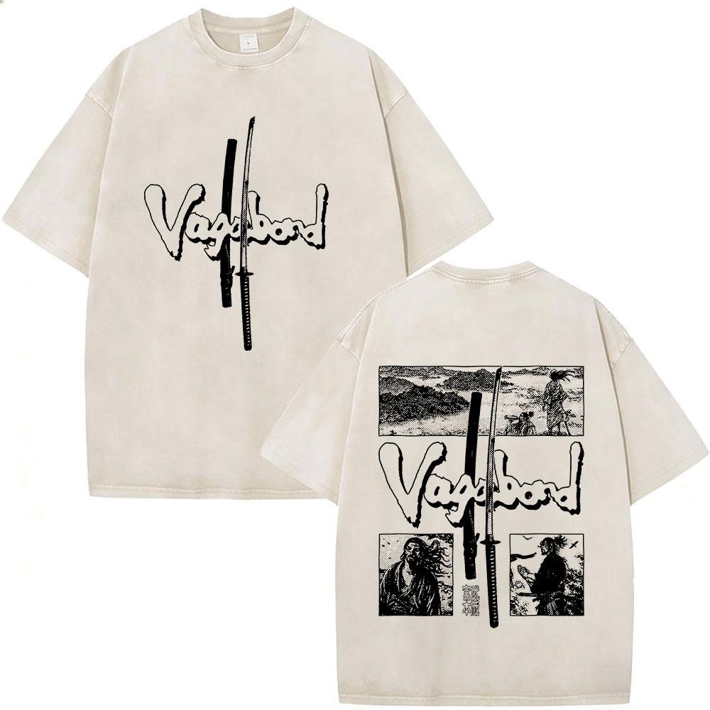 Japanese Anime Vagabond Miyamoto Musashi Vintage Washed Tshirts Men Women Clothing Fashion Retro Cotton Short Sleeve T Shirts
