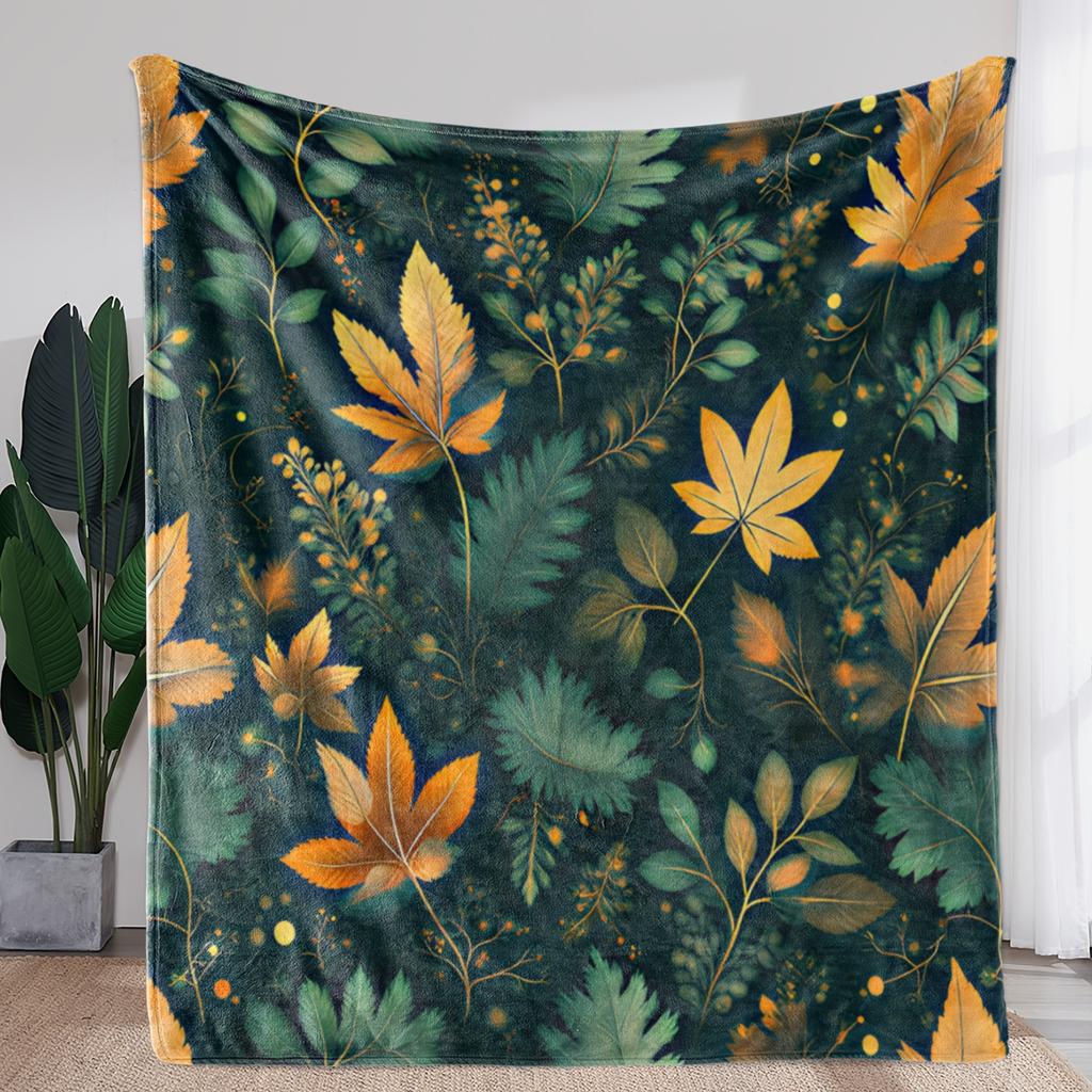 1pc Vintage Floral Print Flannel Blanket - Soft Warm All-Season Throw with Green & Orange Botanical Pattern, Durable Machine-Was
