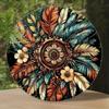 Bohemian Feather Metal Wall Art, Rustic Round Aluminum Decor for Living Room