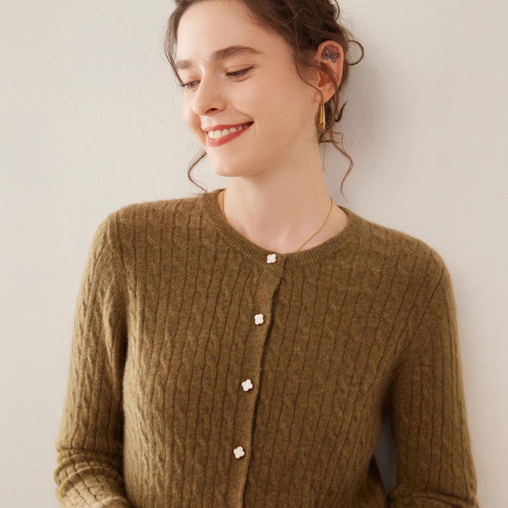 2024 Autumn/Winter Women's Round Neck Cashmere Cable Knit Cardigan - Korean Style Loose Slimming Coat