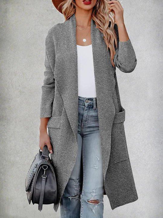 2025 Women's Autumn Casual Loose Solid Color Long Cardigan Pocket Woolen Coat