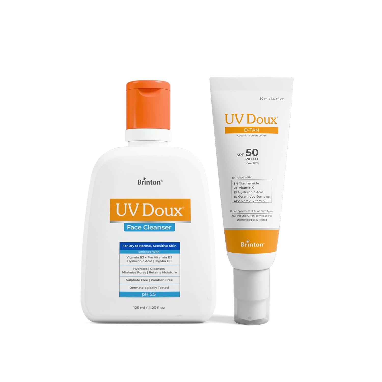Brinton UV Doux Face Cleanser (125ml) + Brinton UV Doux DTan Aqua Sunscreen Lotion SPF 50 PA++++ (50ml) with Niacinamide and Vitamin C, 8-Hour Hydr