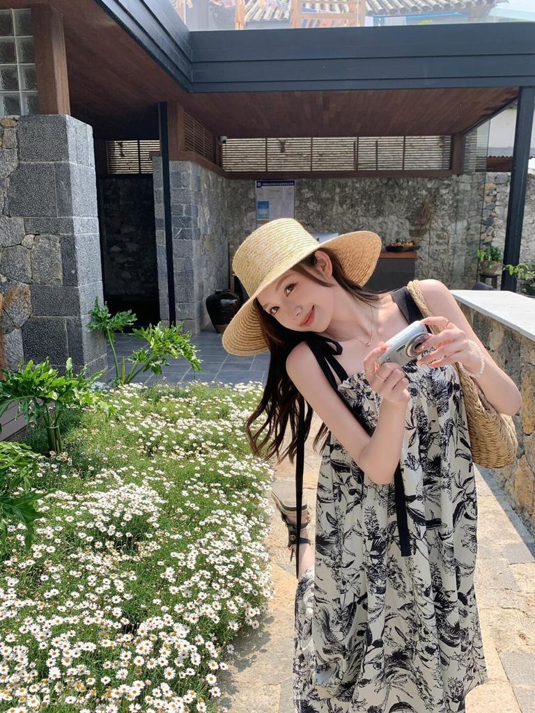 French Retro Ink Painting Slip Dress - Women's Summer 2025 High-End Beach Vacation Long Dress