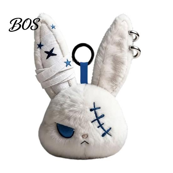 Stress Relief Plush Doll with Metal Hanging Loop, Dark Style Rabbit Pendant Bandage Stitched Keychain Toy, Funny Expression Doll, Collectible Toy Loop