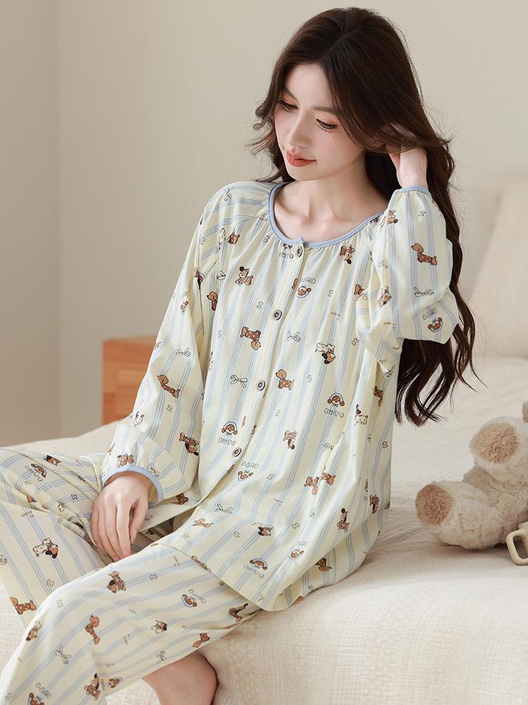 

Spring/Fall Cartoon Cotton Postpartum Pajamas: 7A Antibacterial, Loose Long-Sleeve Nursing Wear L (115-135 jin)