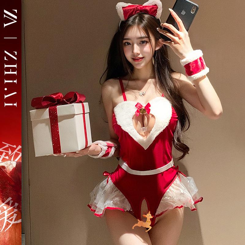 Сексуальное нижнее белье новое красное Рождественская одежда женская сексуальная свободная ролевая игра чистое желание Новогодний костюм перспектива One size [80-60kg]