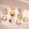 Vintage Gold Color Floral Gemstone Ring Set For Women Heart Hammered Texture Pearl Opal Inlaid Stackable Rings Trendy Jewelry