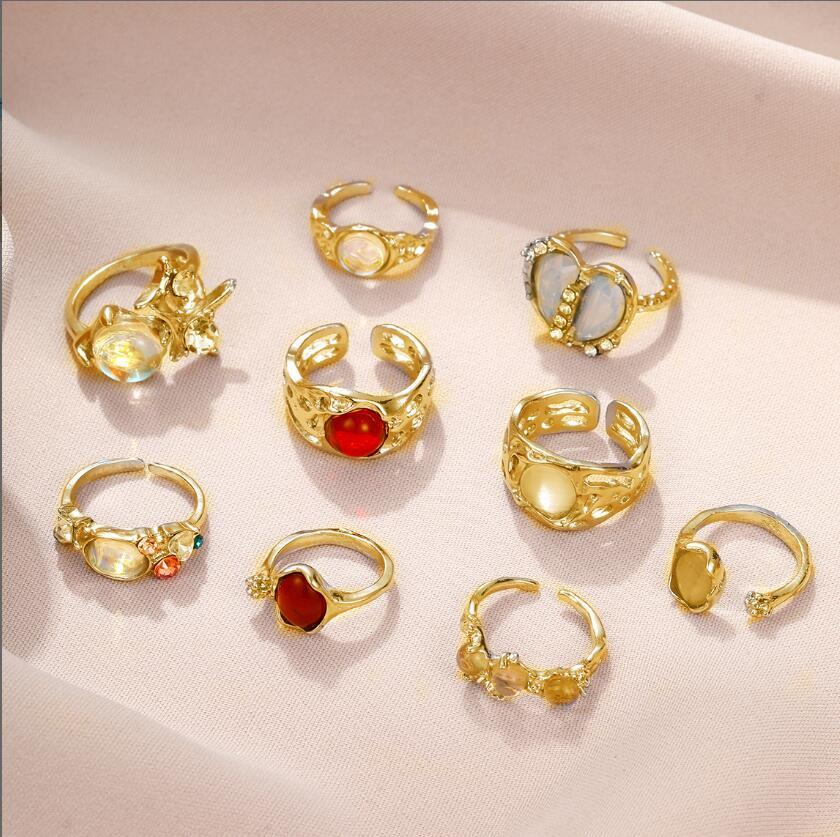 Vintage Gold Color Floral Gemstone Ring Set For Women Heart Hammered Texture Pearl Opal Inlaid Stackable Rings Trendy Jewelry