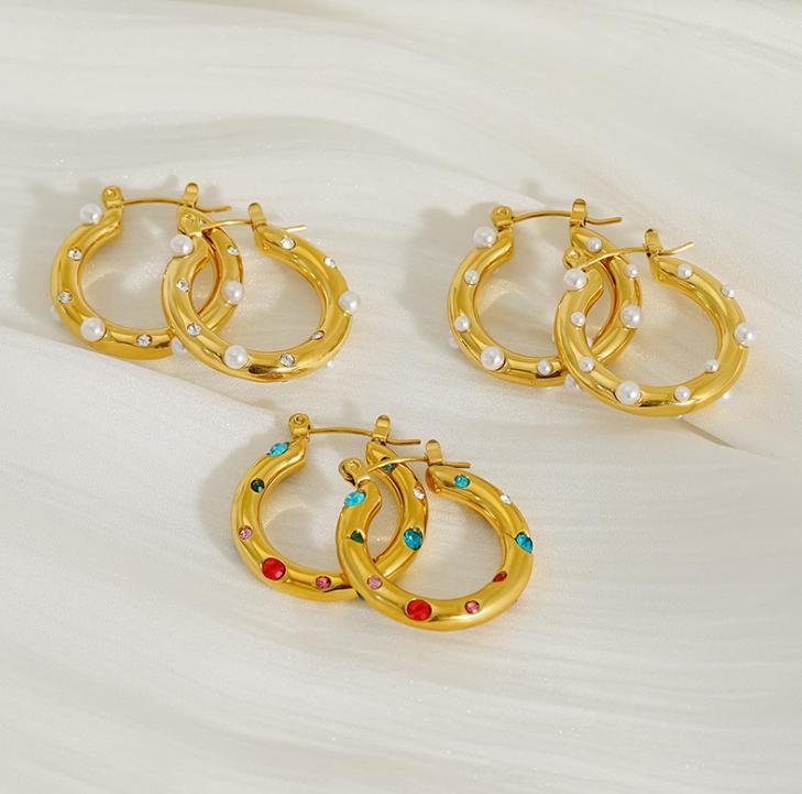 European American Style Stainless Steel Hoop Earrings Natural Stone Inlaid Pearl Zircon Women's Jewelry