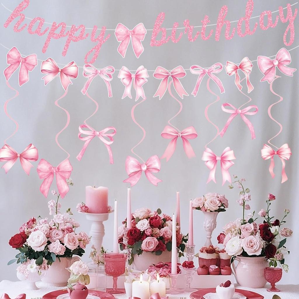 Pink Bow Happy Birthday Banner Garland and Hanging Swirls for Girl Pink Bow Coquette Birthday Party Decorations