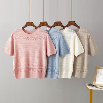 Mulheres em torno do pescoço manga curta solta camiseta verão estilo na moda confortável casual camiseta de malha respirável oco design