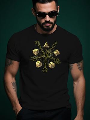 Black Tshirt with Golden D20 Dice Design - Casual Crew Neck