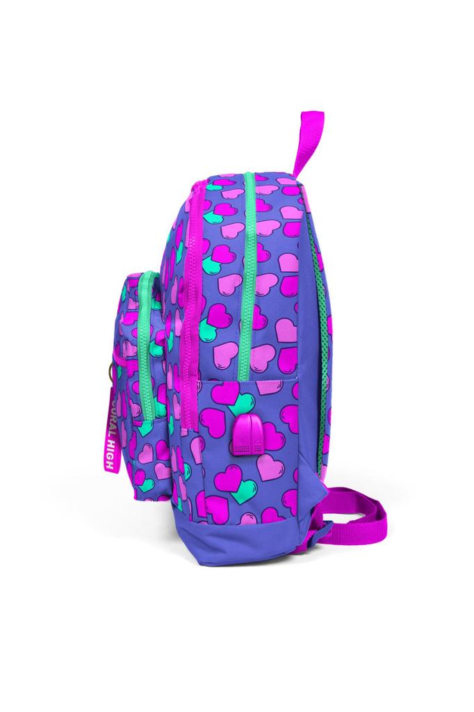 Coral High Kids 23263 Schulrucksack mit USB-Anschluss und vier Fächern, Lavendel- und Rosa-Herzmuster