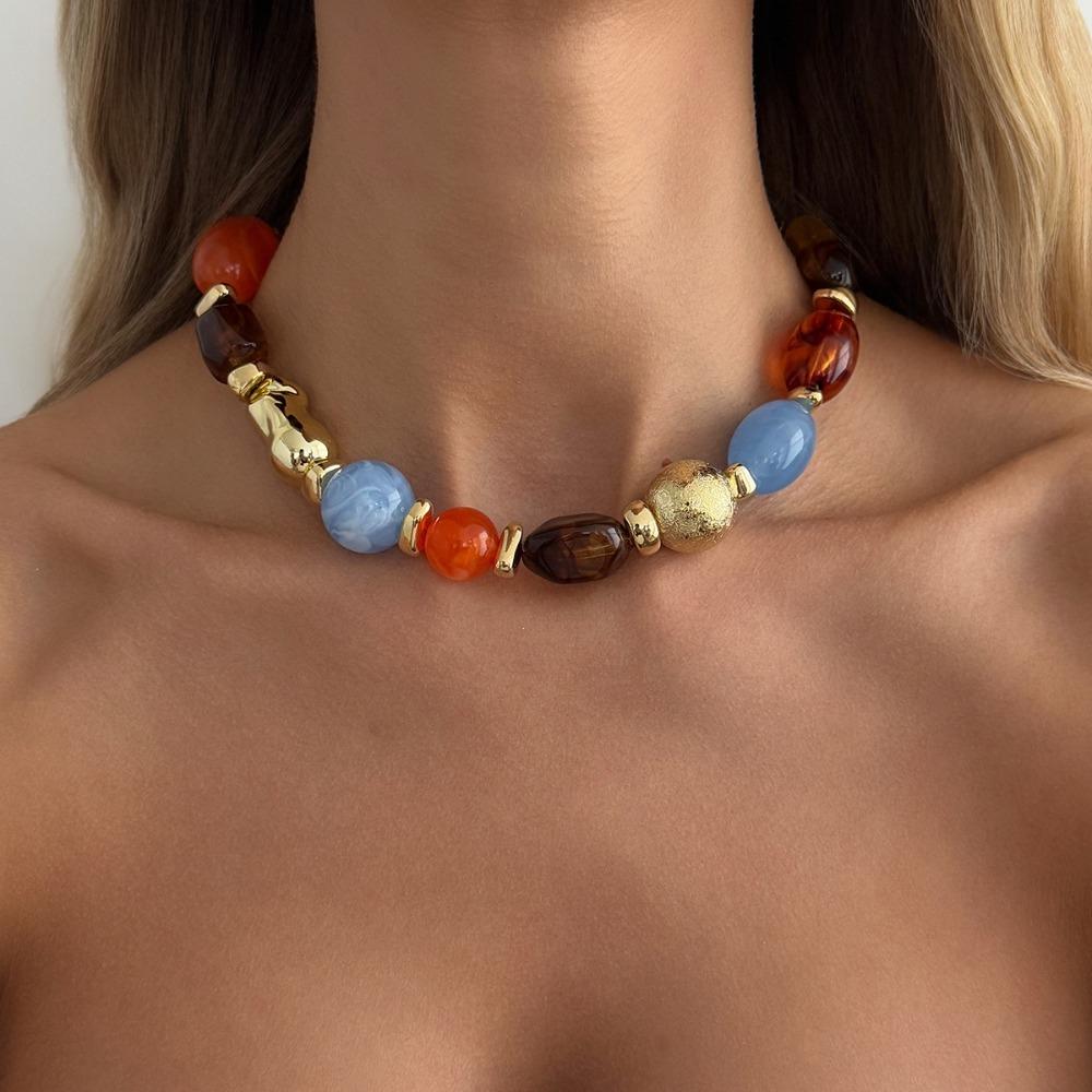 Irregular Shape Resin Beaded Necklace Maillard Style Colorful Resin Necklace Gift Giving