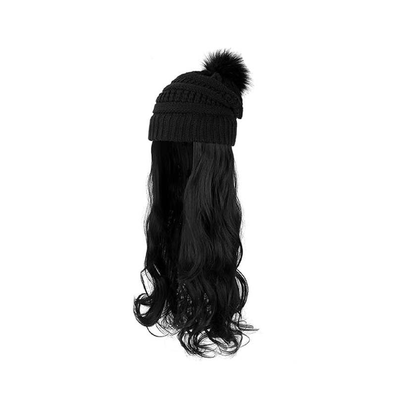 Autumn Winter New European American Women's Long Curly Hair Big Wave Hat Solid Color Knitted Yarn Wig Diagonal Bangs