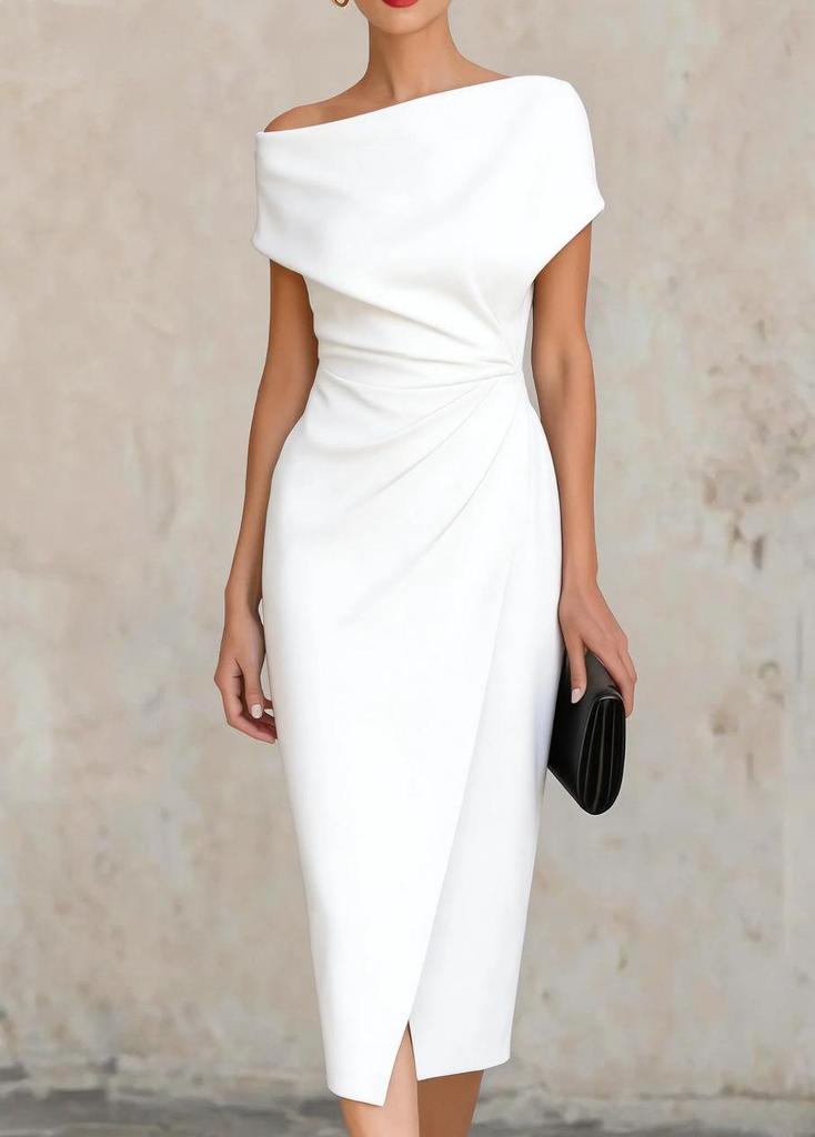 2026 European & American One-Shoulder Waist-Cinched Pleated Slit Evening Gown for Banquets & Commutes
