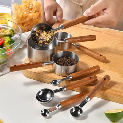 1/4Pcs Stainless Steel Measuring Cups and Spoons Set with Wooden Handles Multifunctional Baking Tool for Cooking and Baking