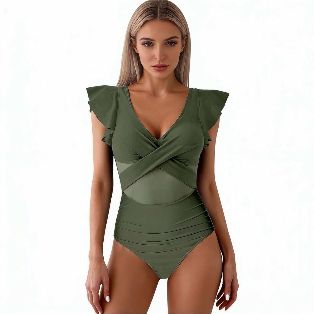 Women's  Contrast Mesh One Piece Swimsuit, V Neck Solid Color Backless Tummy Control High Cut Bathing Suit