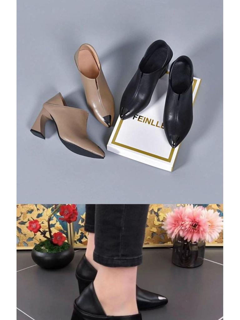 Dámské boty z měkké kůže na robustním středním podpatku se špičatou špičkou, jaro/léto 2025