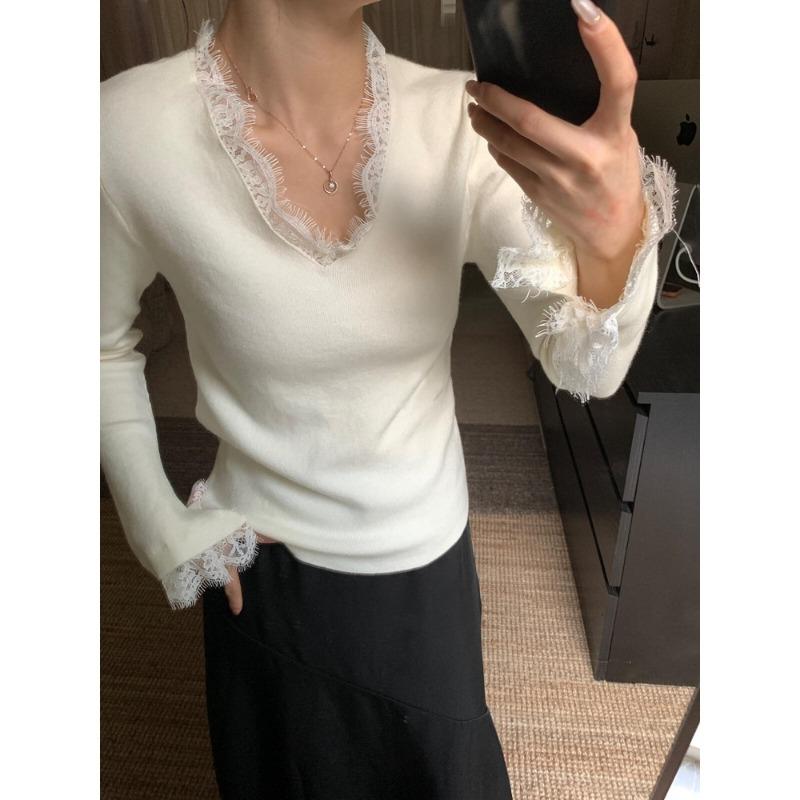 Light ripe style lace collar flared sleeve knitted sweater soft waxy sweater women's autumn and winter slim-fitting inner long-sleeved bottoming top