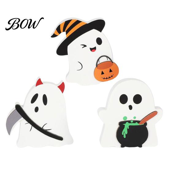 Safe Halloween Tabletop Ornaments 3Pcs Sweet Ghost Decor, Wooden Cute Figurines with Candy Entryway Decorations Pumpkin & Cauldron, Centerpiece