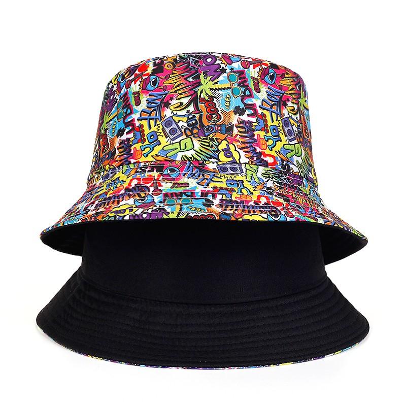 Summer Cotton Bucket Hat Double-Sided Can Be Worn Unisex Graffiti Printed Fisherman Hat Hip Hop Outdoor Hat Sun Hat