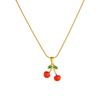 Set de Joyería de Cereza de Acero Inoxidable Chapado en Oro (Collar y Pendientes de Aro) para Mujer, Colgante de Fruta Esmaltada