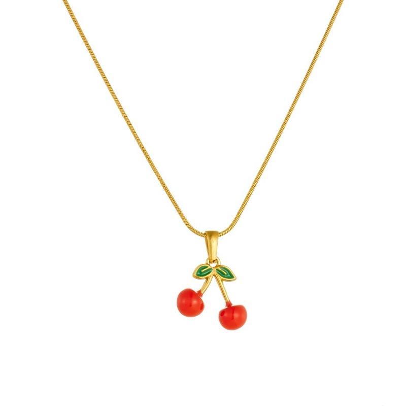 Set de Joyería de Cereza de Acero Inoxidable Chapado en Oro (Collar y Pendientes de Aro) para Mujer, Colgante de Fruta Esmaltada
