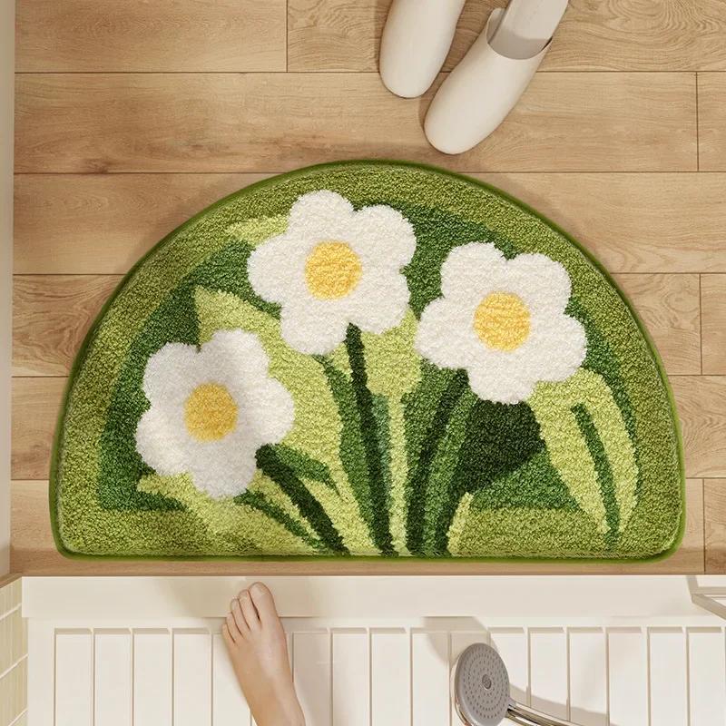 Blumen Badematte - Luxuriöse Beflockte Mikrofaser, Schnelltrocknend & TPR Rutschfeste Rückseite, Dekorativer Badezimmerteppich für Duschboden Dekor