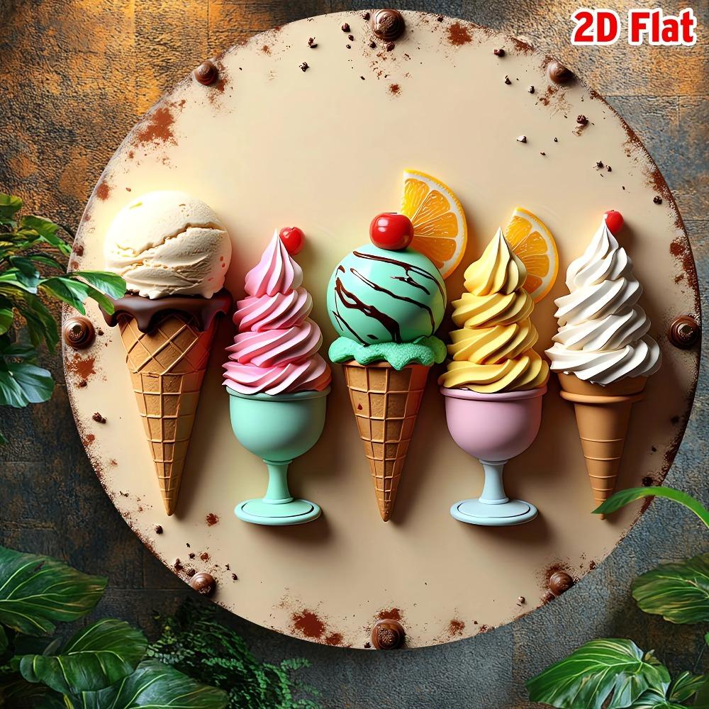 Rustic Iron Ice Cream Sundae Wall Art  D Flat Metal Sign for Kitchen Garden Office Colorful Cones  Whipped Cream