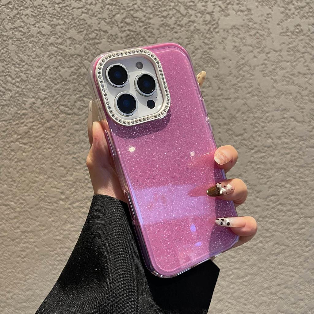 Custodia in Gel Glitterata Monocolore con Cornice Lente in Strass per iPhone 16 Pro Max