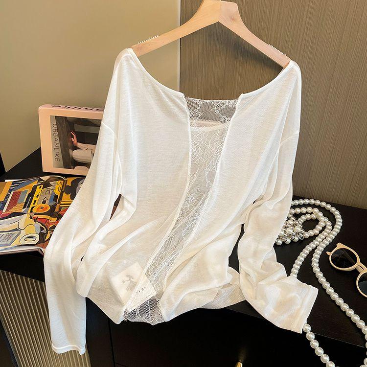 

Тонкая кружевная лоскутная спинка с вырезом, летняя футболка с нестандартным дизайном, с длинными рукавами, солнцезащитный чехол для женщин 2XL