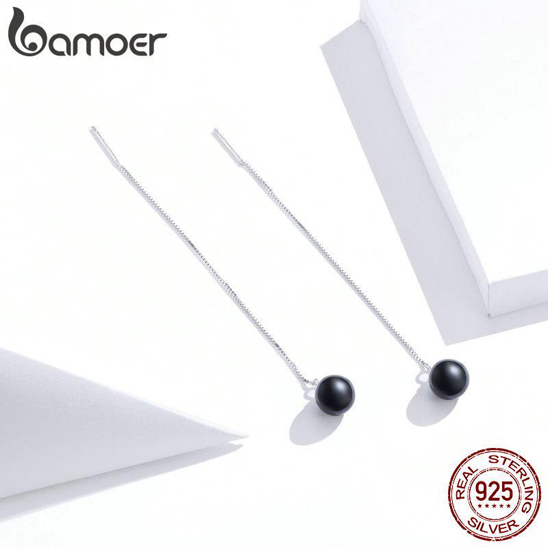 BAMOER 925 Sterling Silver Fine Jewelry Okrągły Czarny Agat Kamień Koraliki Długi Łańcuch Dangle Kolczyki