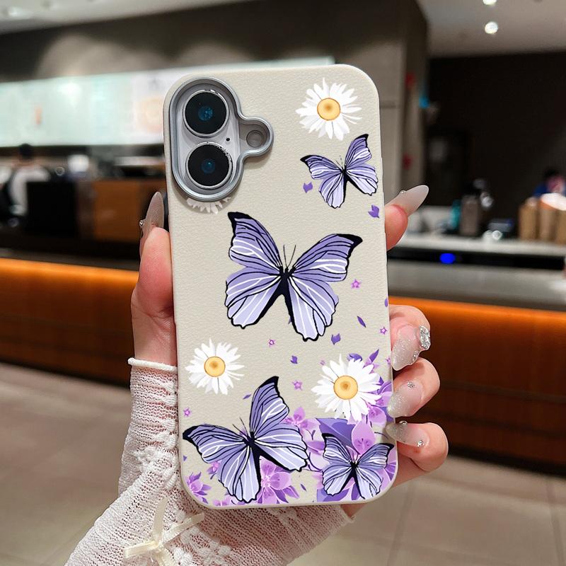 Butterflies Flowers Phone Case For iPhone 16 15 Pro Max 16e 15 14 Plus 13 12 Pro Max 11 Shockproof Leather Texture Soft Colourful Cover
