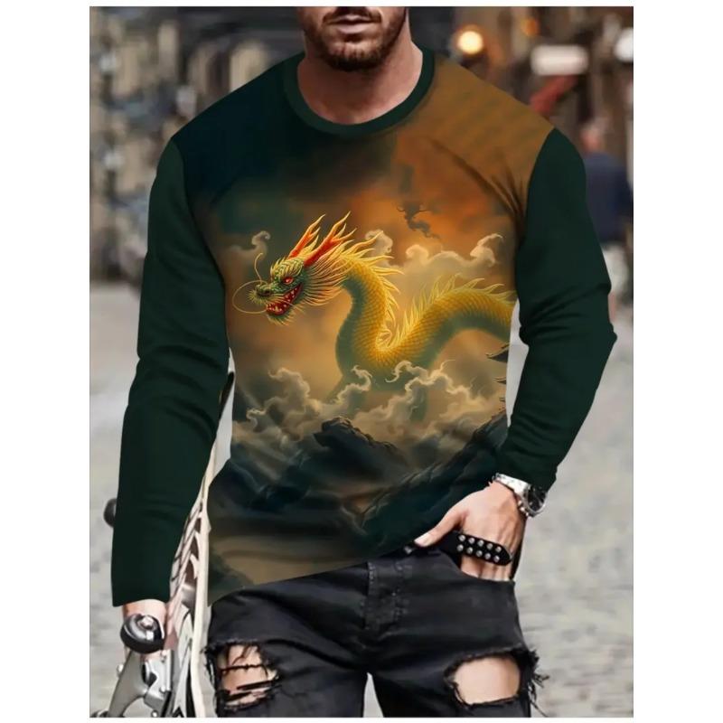 Round Neck 3D Dragon Print T-shirts Casual Short Sleeved Men's T-shirts - Soft Medium Stretch Polyester Fabric Spring and Autumn Relaxed Fit Clothing