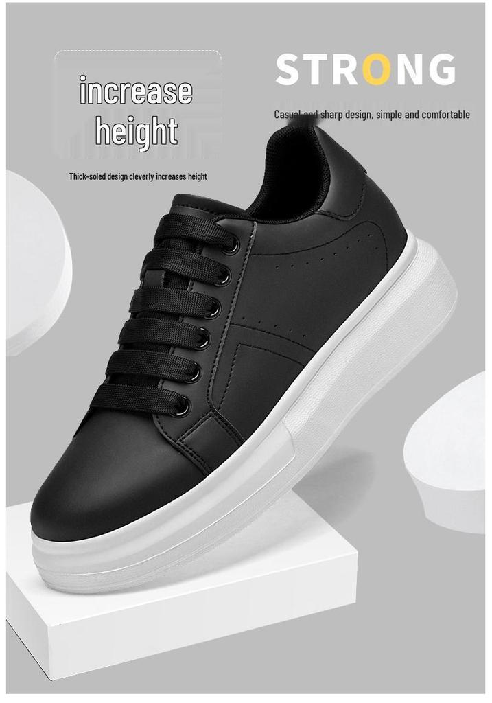 Men's 8CM Height-Boosting White Low-Top Cowhide Casual Shoes, Thick Sole, Large Sizes, Youth Fashion