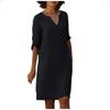 Cotton Linen V-neck Spliced Vintage Color Seven-eighths Sleeve Dress Cotton Linen Wash Creased Fabric