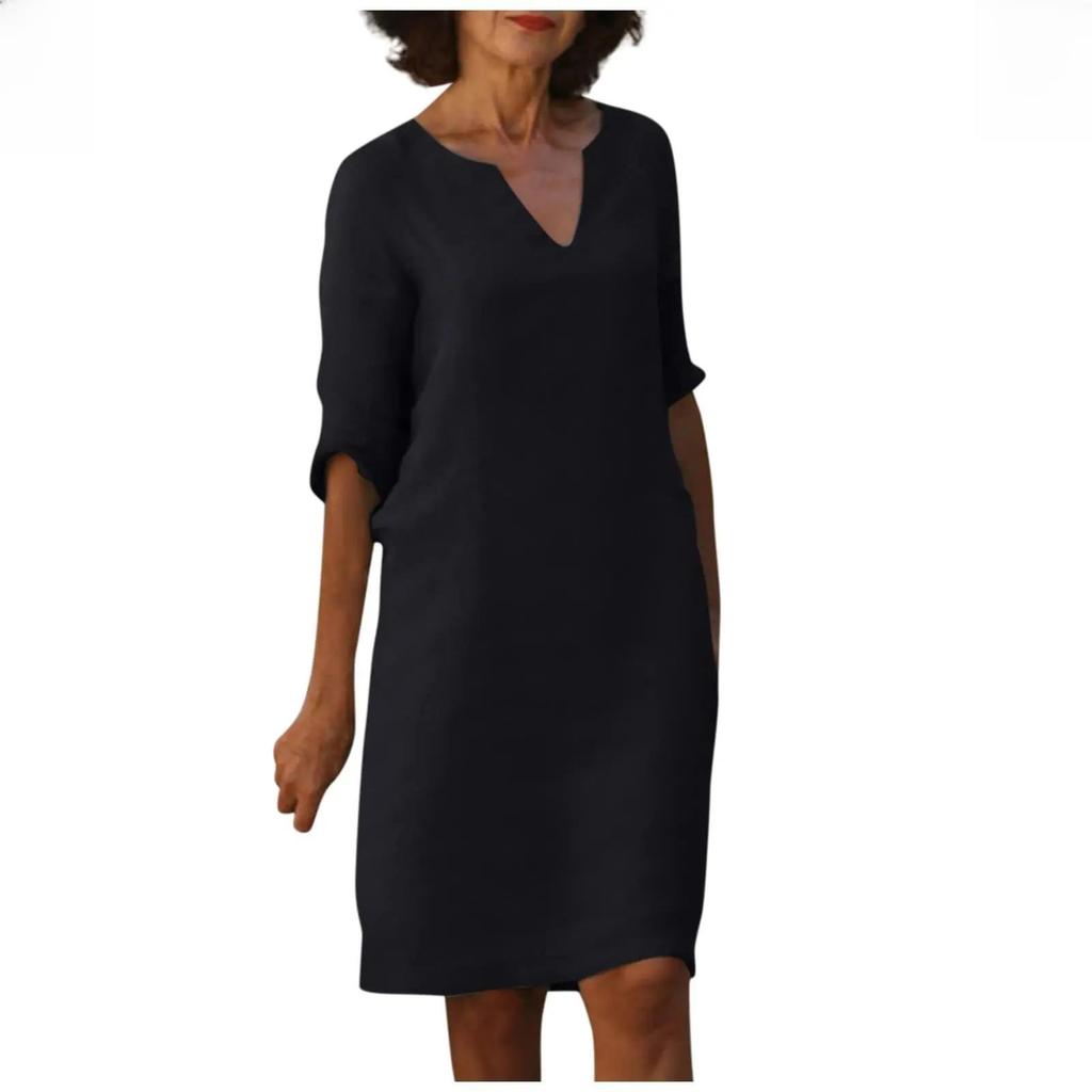 Cotton Linen V-neck Spliced Vintage Color Seven-eighths Sleeve Dress Cotton Linen Wash Creased Fabric