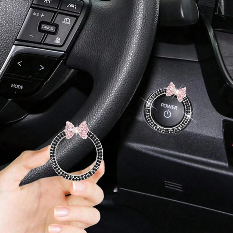2pc Car One Click Start Decoration Circle Double Row Crystal Bowknot Fire Ring Ignition Switch Button Decoration
