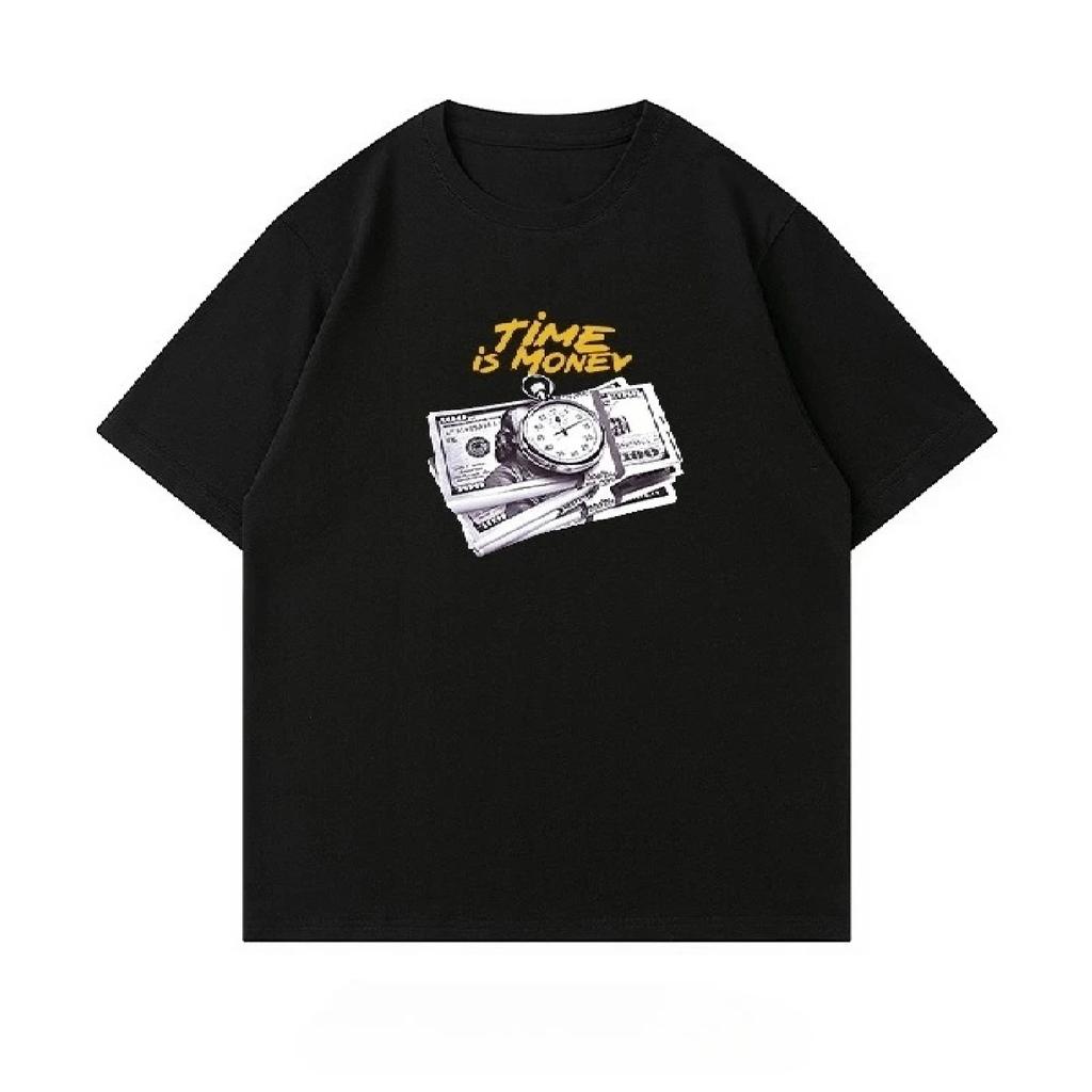 The Latest 2025 Time Is Money Pattern Printed Fashionable Casual Short-sleeved Men's and Women's Loose Street Top
