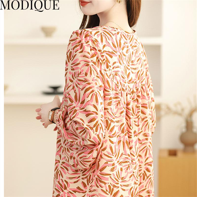 MODIQUE Spring Summer Plus Size Women Casual Loose Elegant Cotton Linen Chiffon Leaf Print Blouse Shirts Lady Oversize O-Neck Long Sleeve Coats