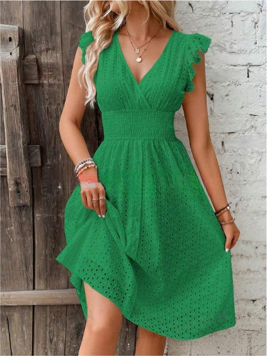 Elegant Plus Size V-Neck Hollow-Out Dress with Lotus Leaf Sleeves