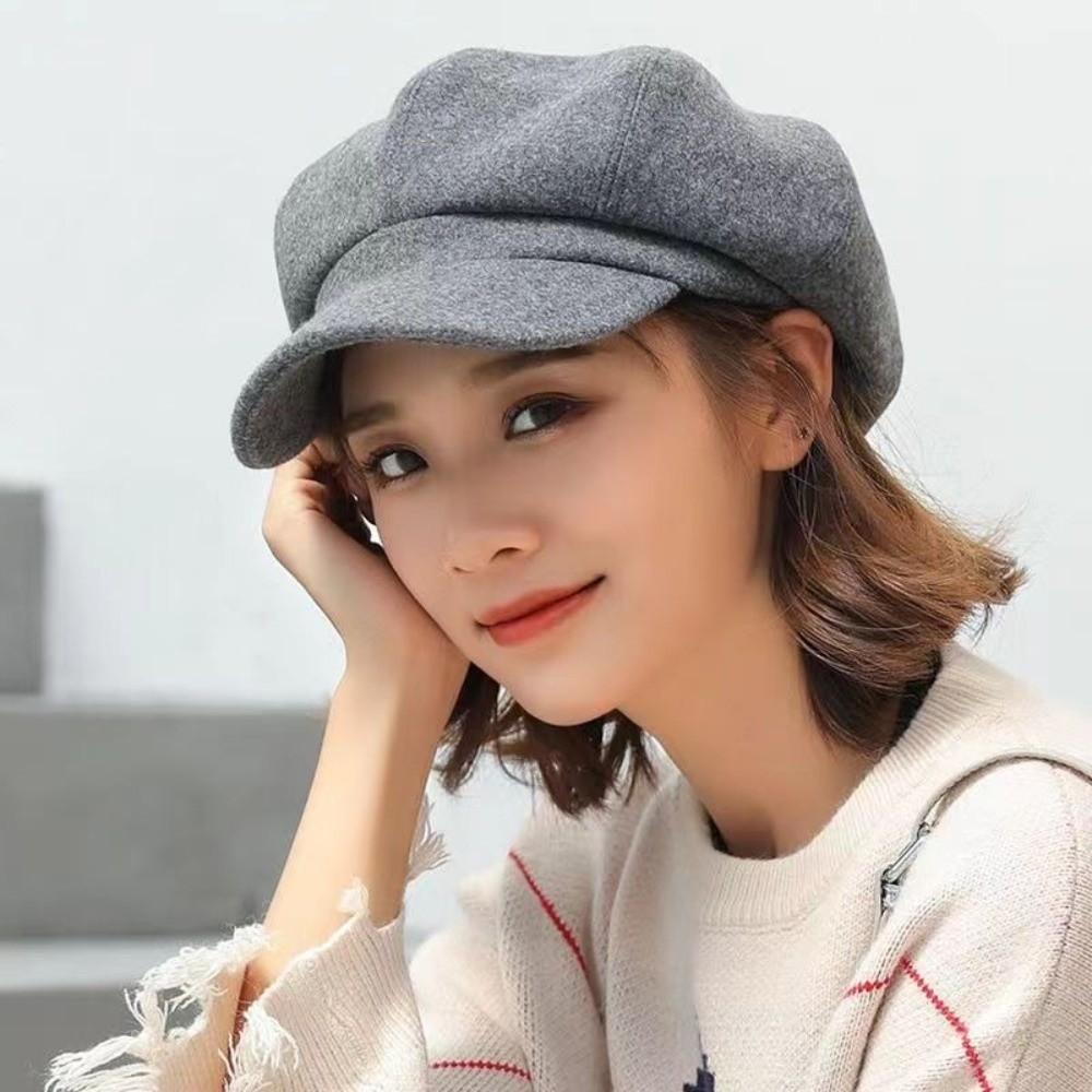 Solid Color British Berets Ear Protection Artist Hat Elegant Woolen Octagonal Hat  Girl