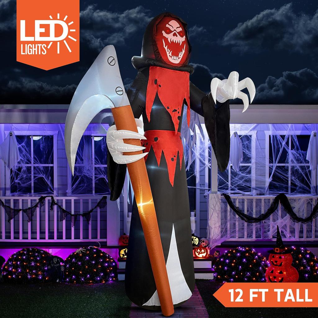 Joyfy 12 FT Halloween Giant Grim Reaper Inflatable with Built-in LEDs Grim Reaper with Scythe for Halloween Decorations Outdoor