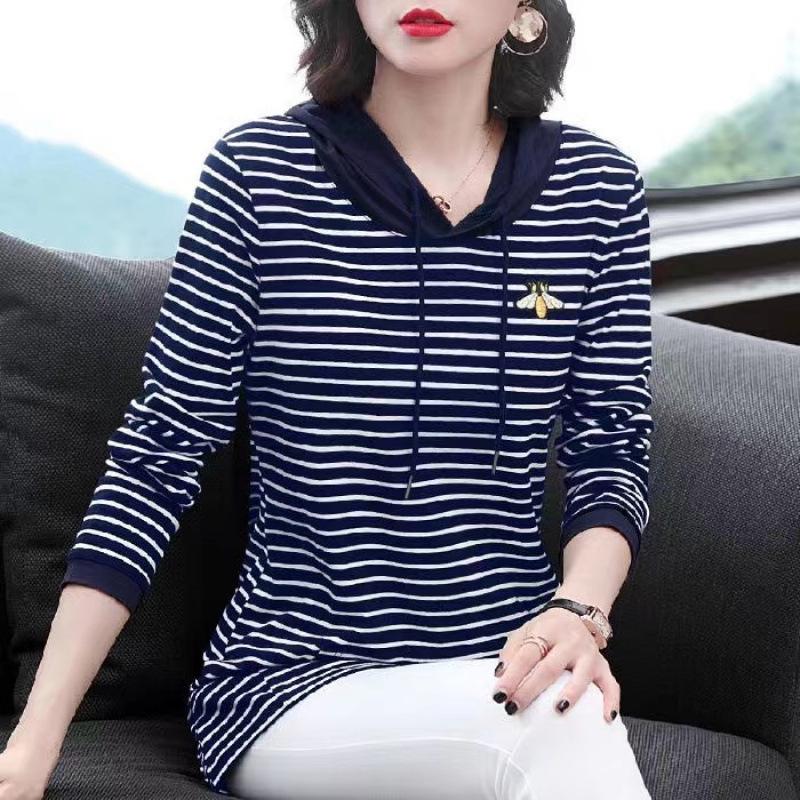 2025 Spring & Autumn Hooded Striped Sweatshirt for Middle-Aged & Plus Size, Mid-Length Mother's Wear