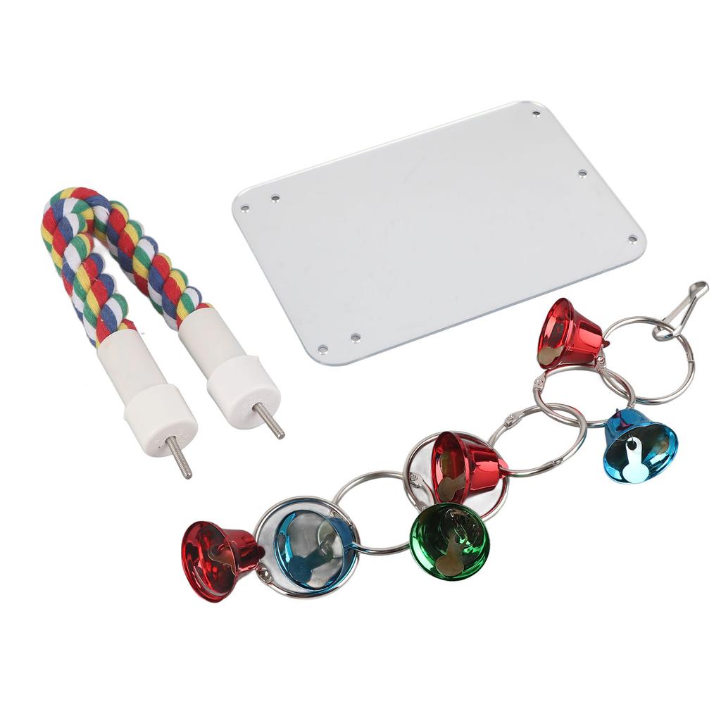 Bird Mirror Toy Colorful Chewing Standing Parrot Perch Mirror with Bell String for Parakeets
