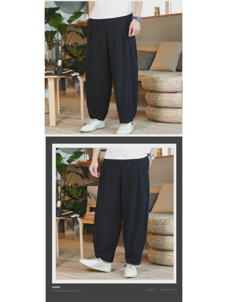 Lockere Leinen-Pumphose im Ethno-Stil für Herren – Tai-Chi-Hose mit weitem Bein für Frühling und Sommer