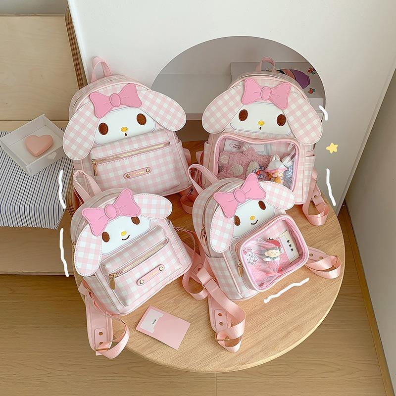Sweet plaid backpack two-dimensional transparent pain bag cute cotton doll girl going out portable backpack