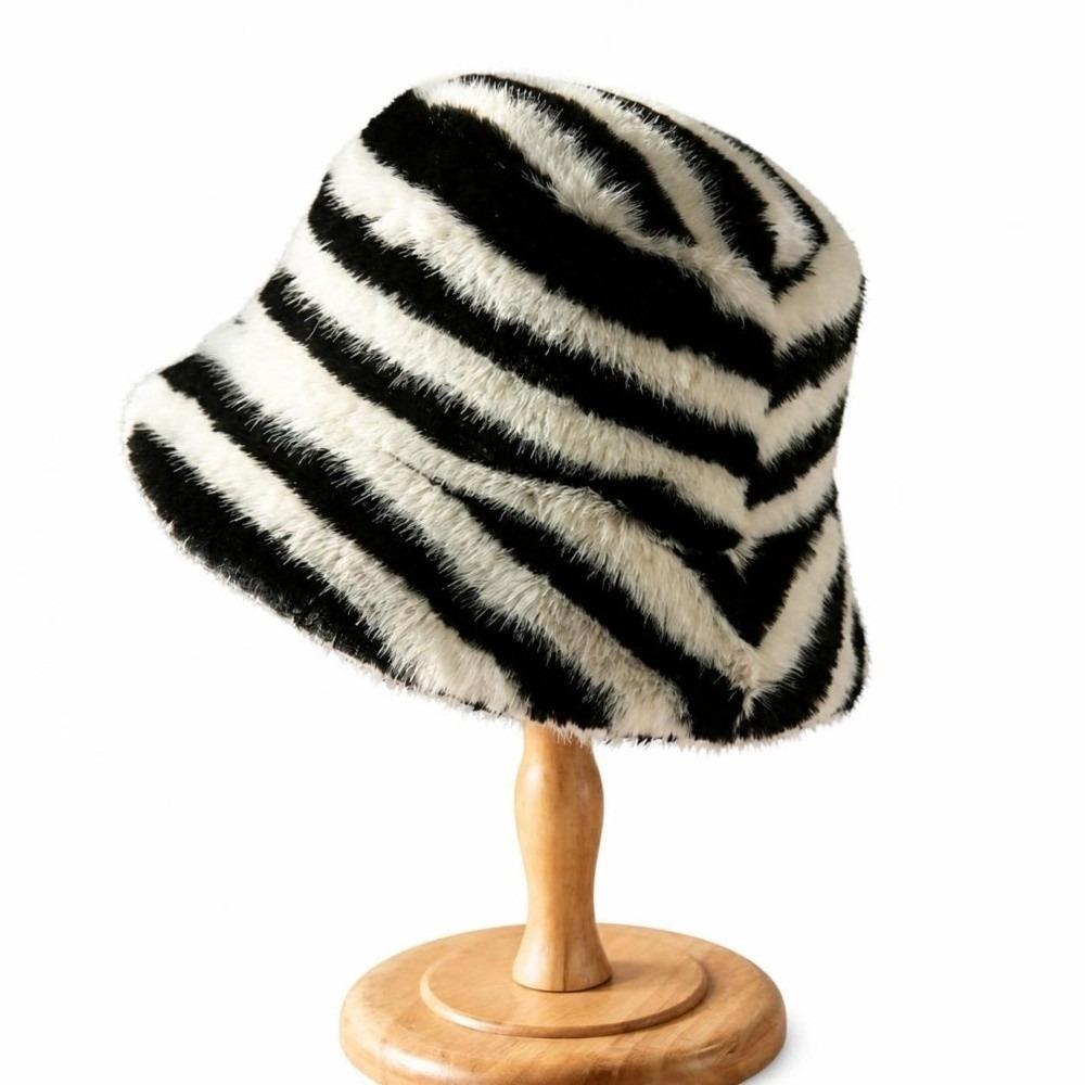 Fluffy Striped Fisherman Hat Faux Fur Basin Hat New Bonnet Cap
